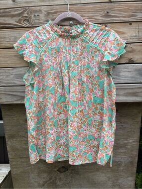 Nanette Lepore Floral Ruffle Cap Sleeve Blouse in Mint, Coral & Pink Size Large